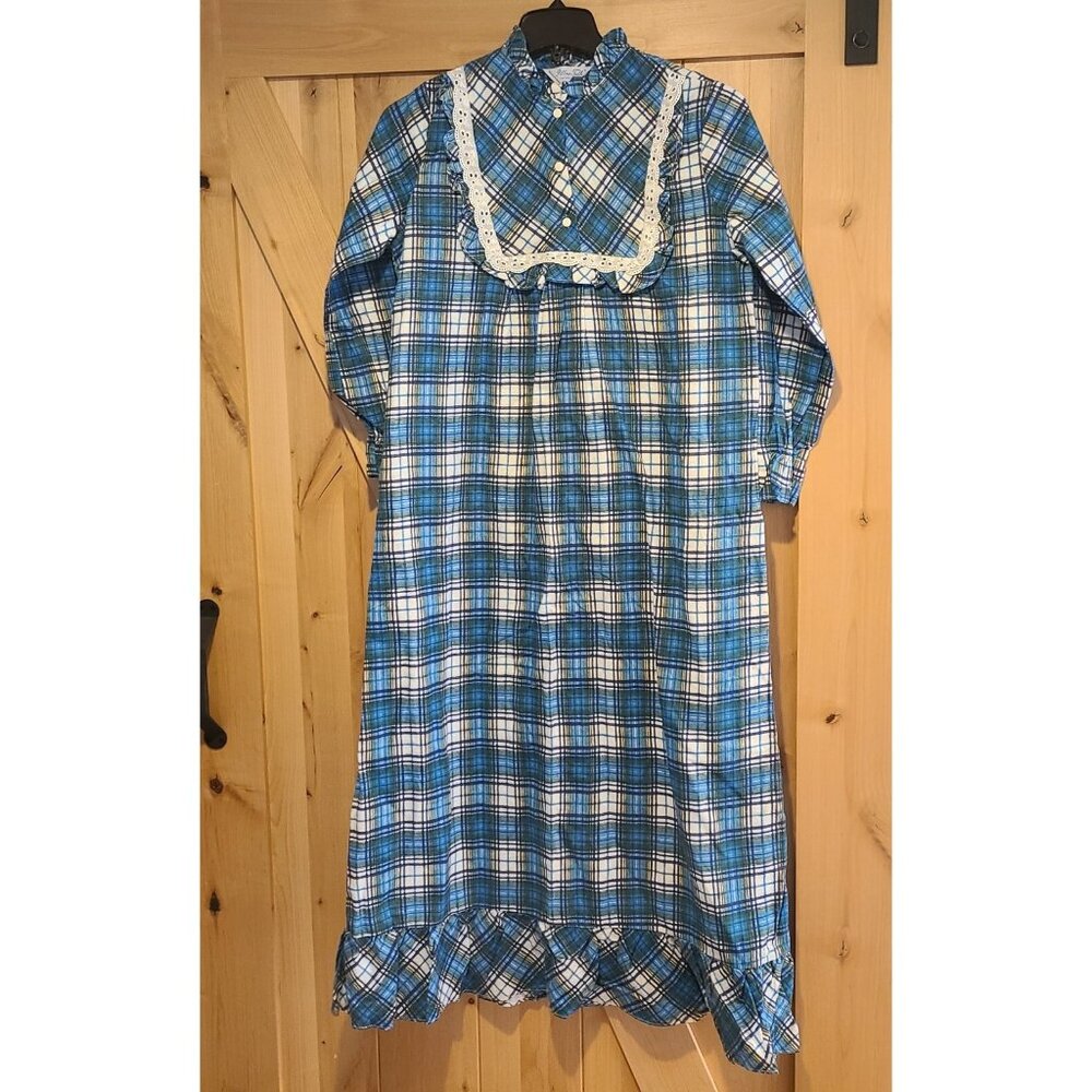 Vintage Pillow Talk Nightgown Size M Maxi Blue Plaid Cotton Flannel Long Sleeve